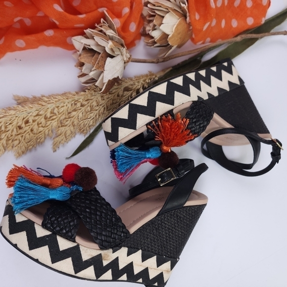 Kate Spade Black Woven Platform Sandal Wedges with Tassels Sz 6m - Picture 9 of 14
